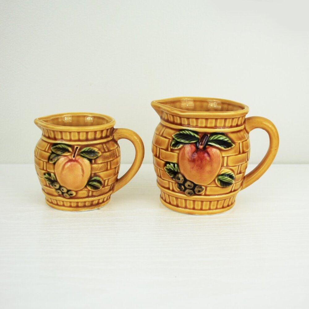 Vintage Measuring Cups, Mustard Brown Embossed with Fruit Motif, Made in Japan